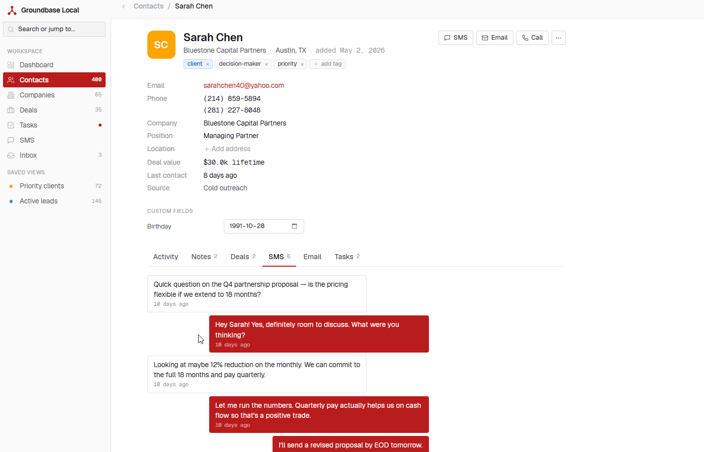 Sarah Chen contact detail with tags, custom fields, and SMS thread