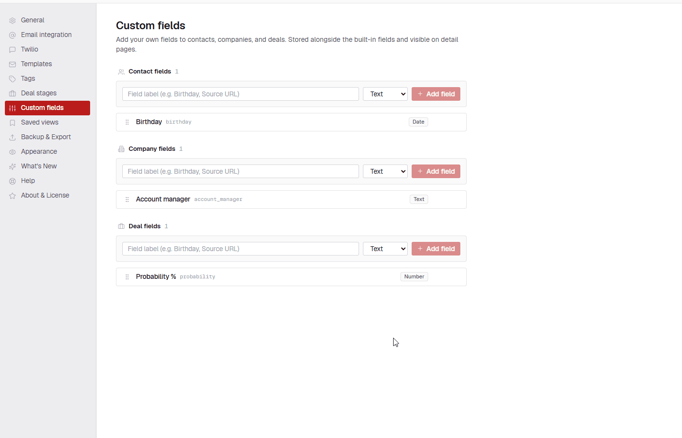 Settings page for custom fields
