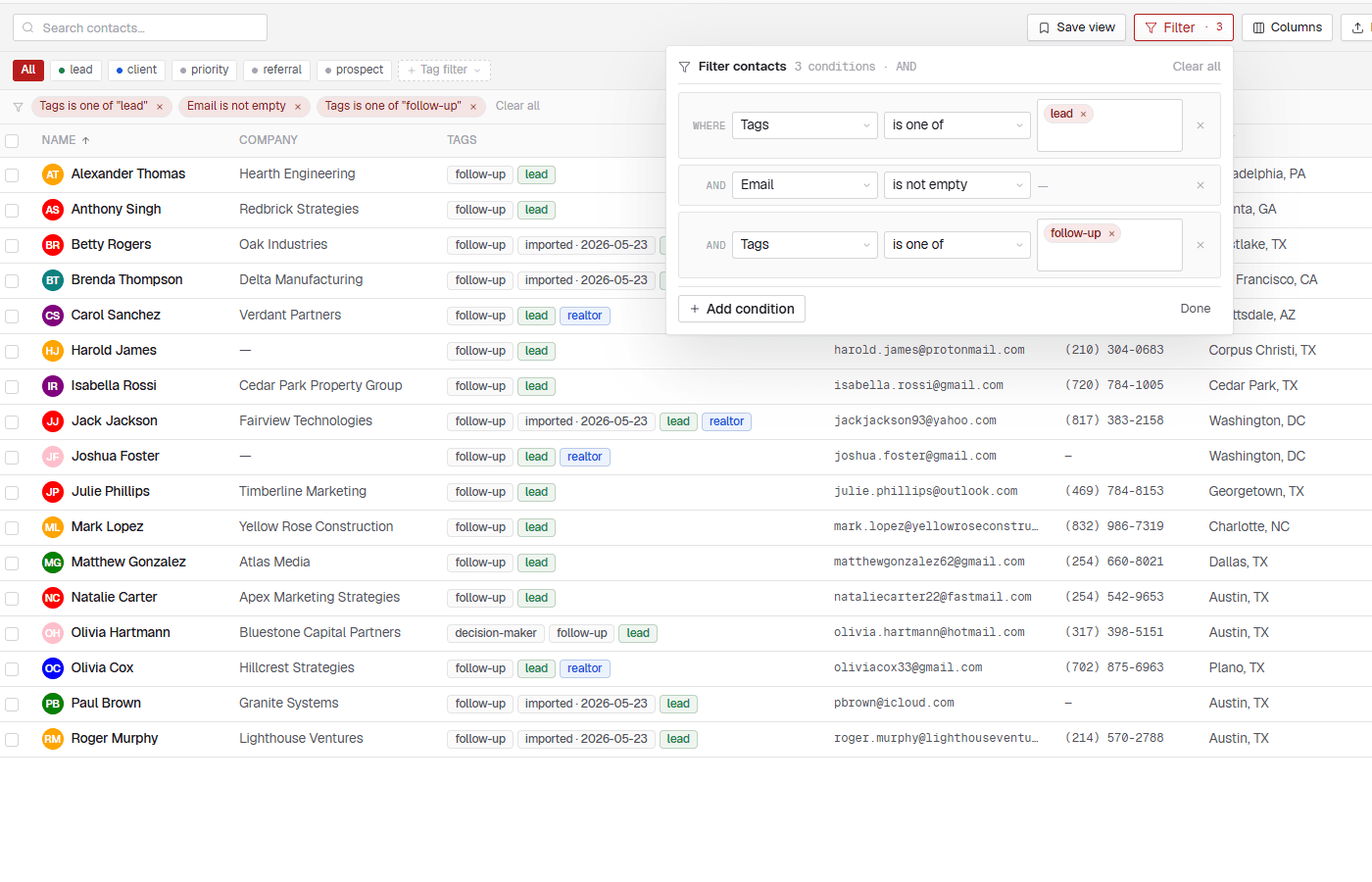 Contacts list with multi-condition filter builder
