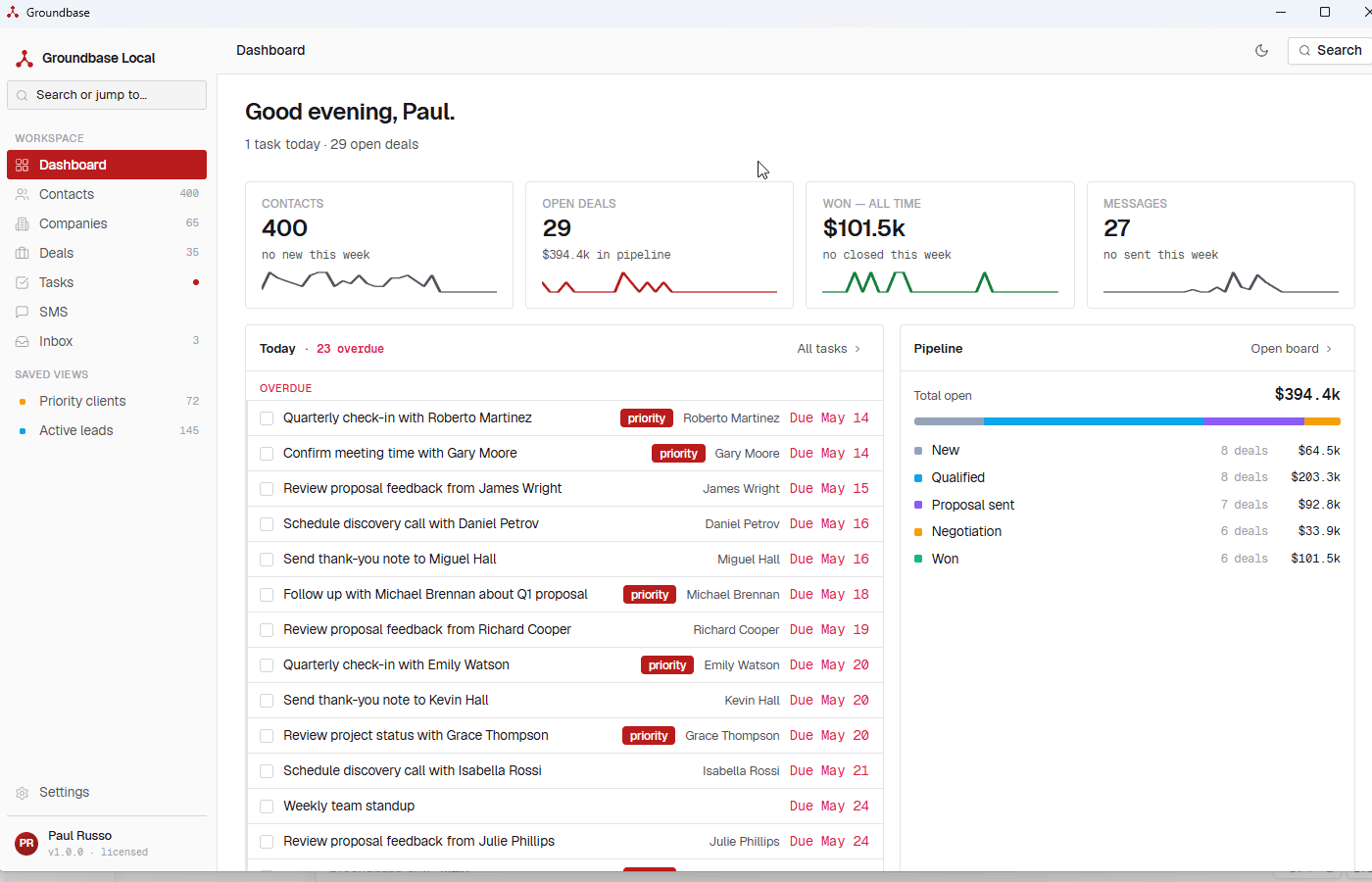 Groundbase dashboard showing KPI cards, task list, and pipeline panel