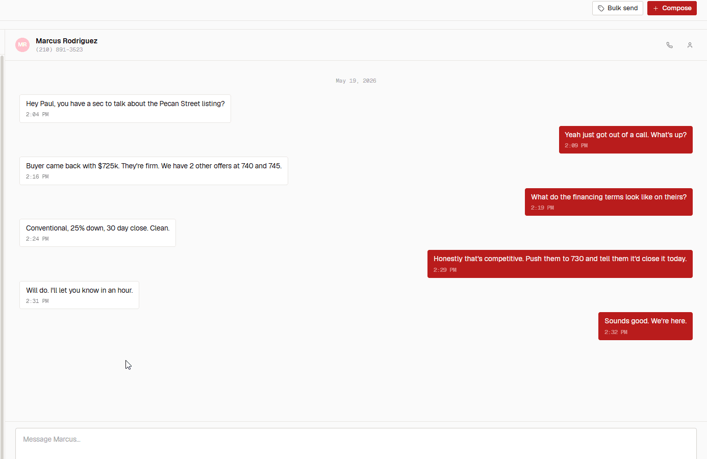 SMS conversation thread with brick outbound bubbles