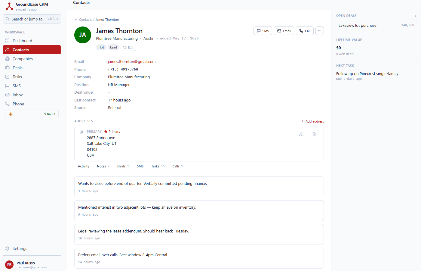 Contact detail showing tags, custom fields, deals, addresses, and activity timeline