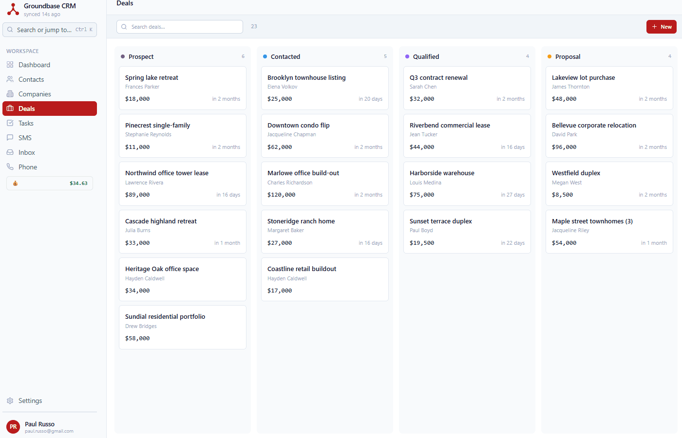 Deals kanban board with six stages, drag-and-drop deal cards