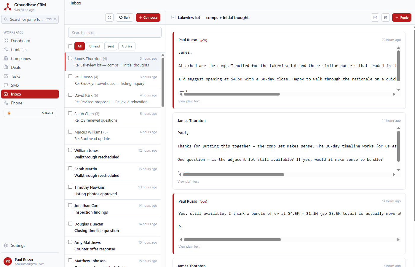 Email inbox with thread list and selected conversation