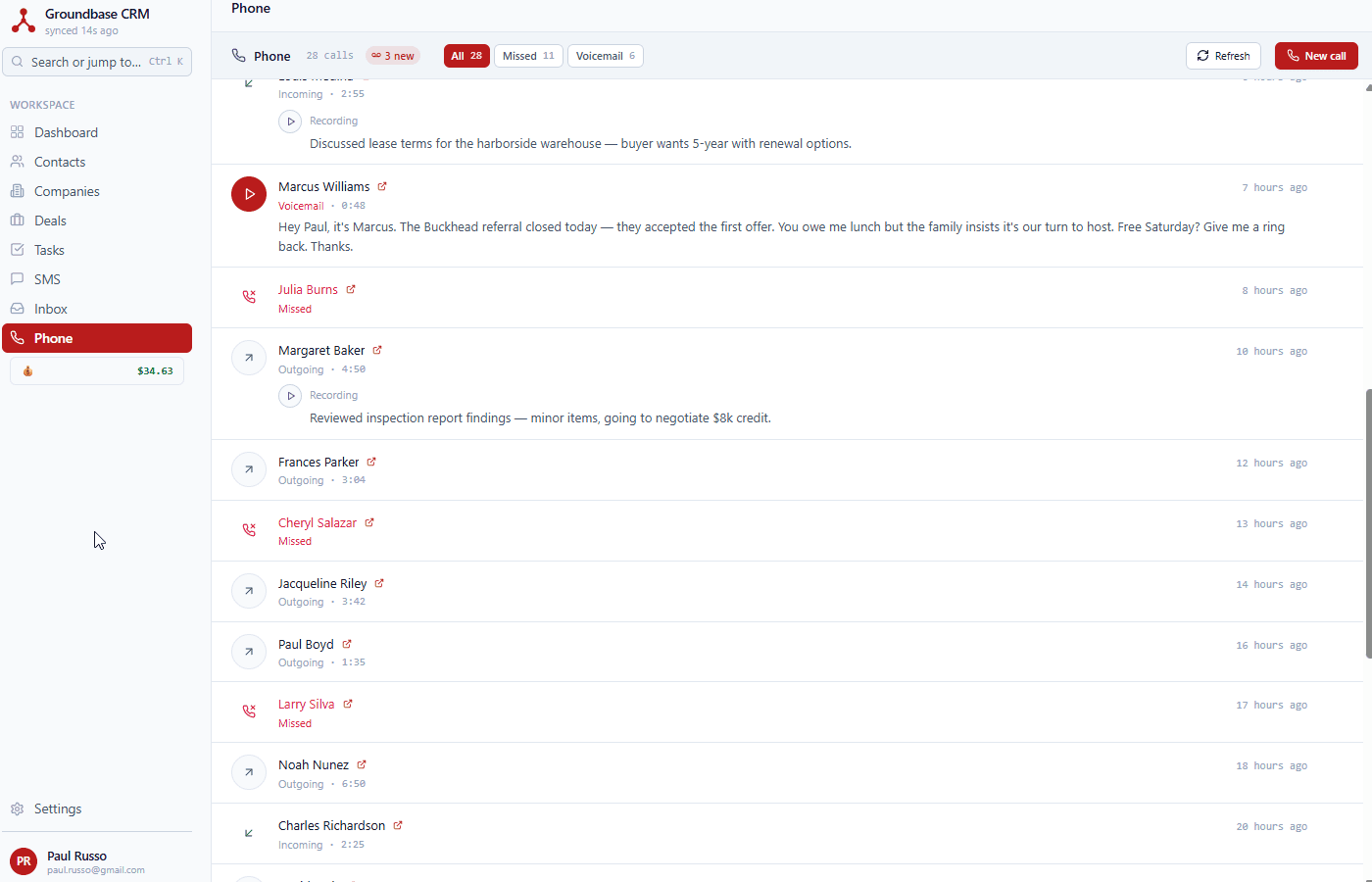 Phone tab with recent calls, voicemail with transcript, dialer