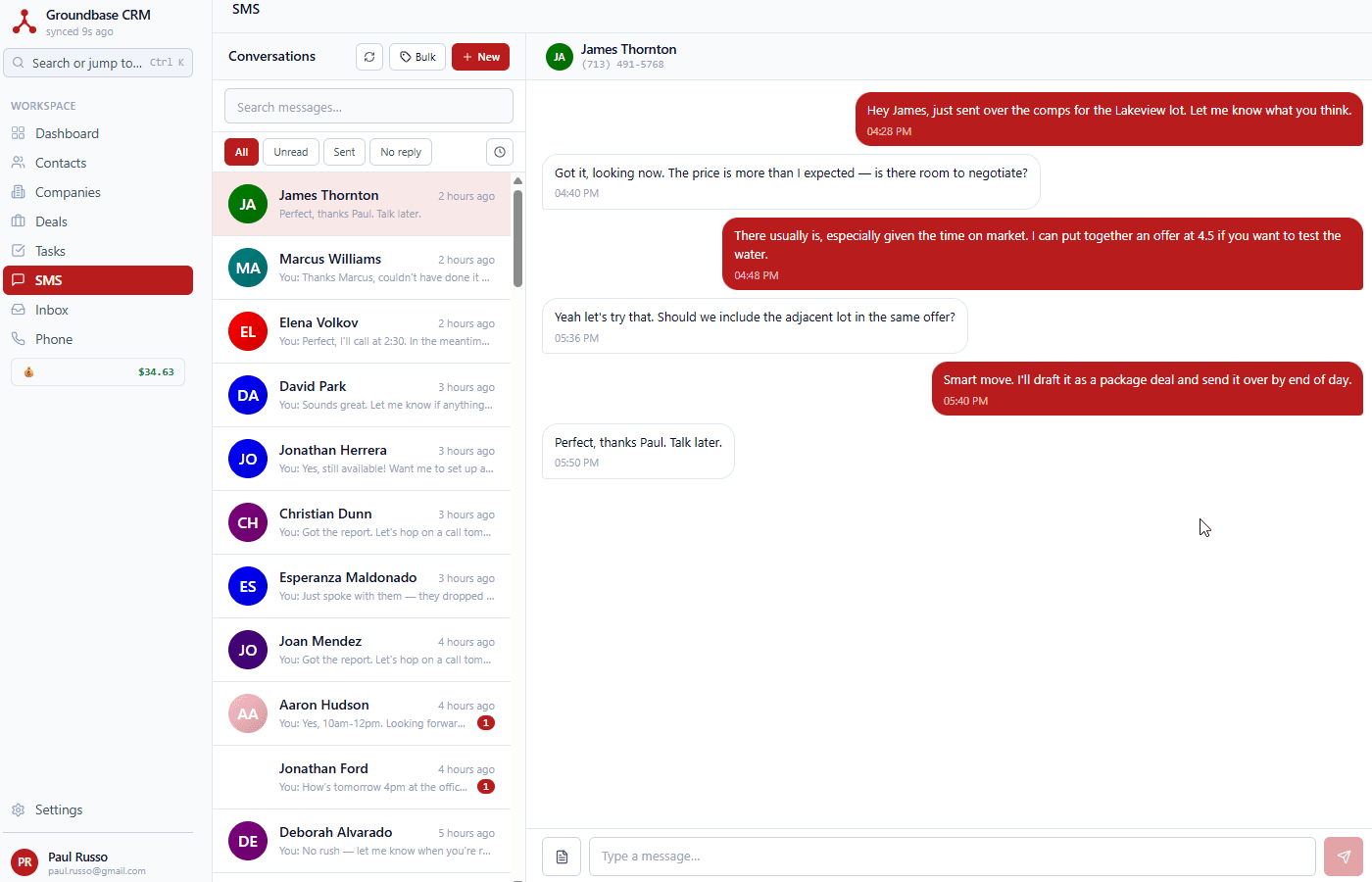 SMS thread with conversation bubbles, contact info sidebar, send box