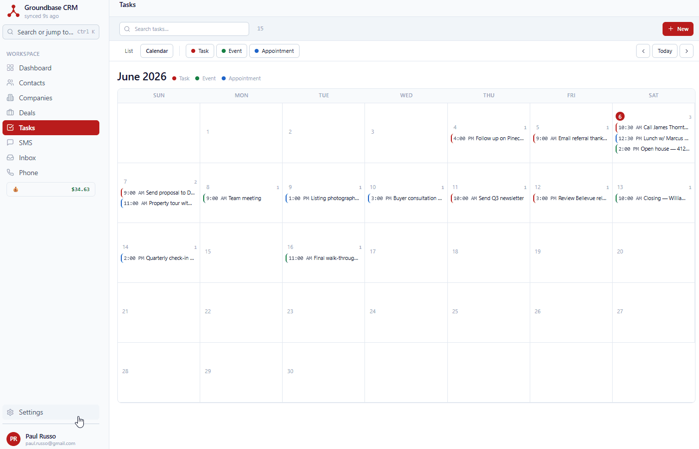 Tasks page in calendar view with color-coded chips for tasks, events, appointments