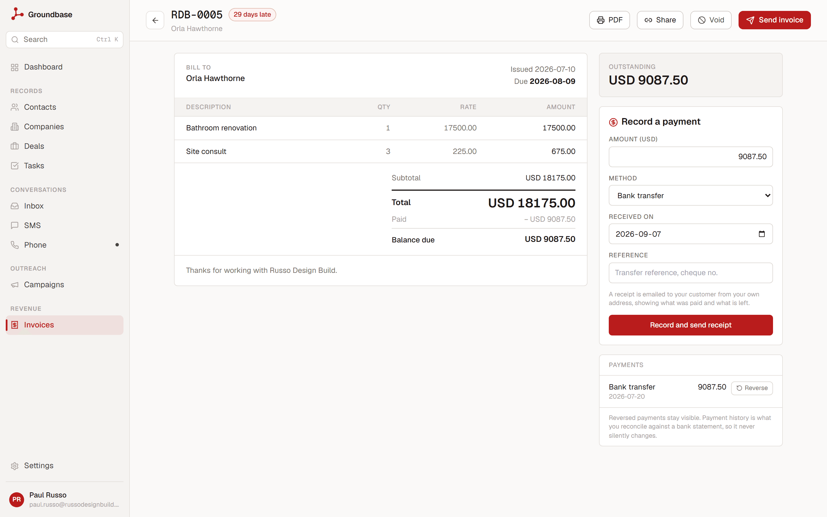 Invoice detail with payment history and a record-payment panel