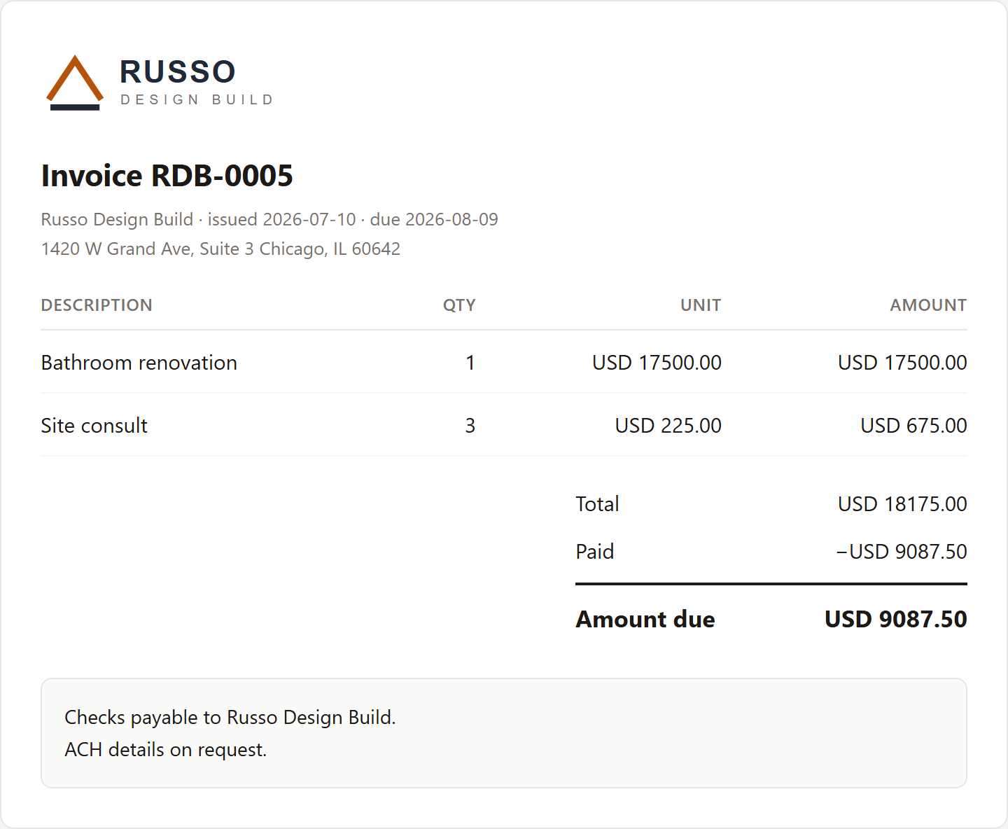 The hosted invoice page a customer opens — no login, no signup prompt, just what is owed