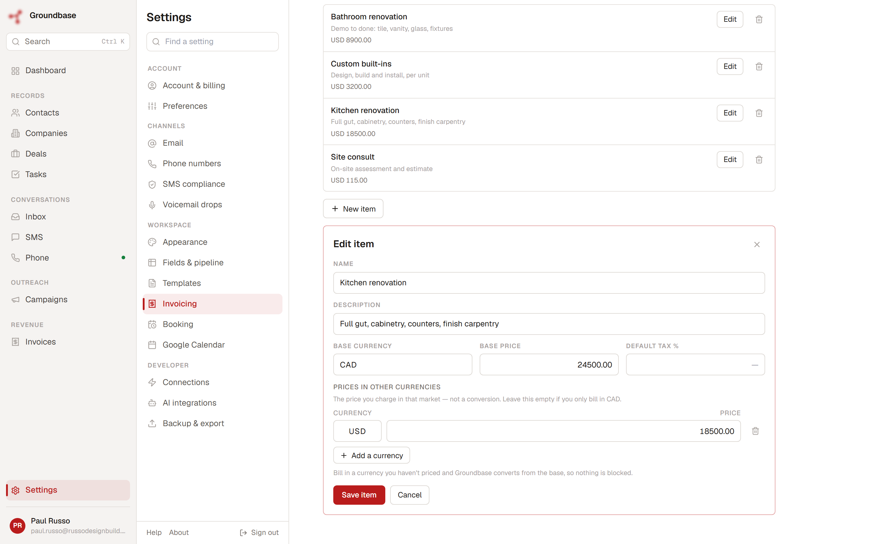 Editing a saved item: a base price in CAD and a real, separately set USD price