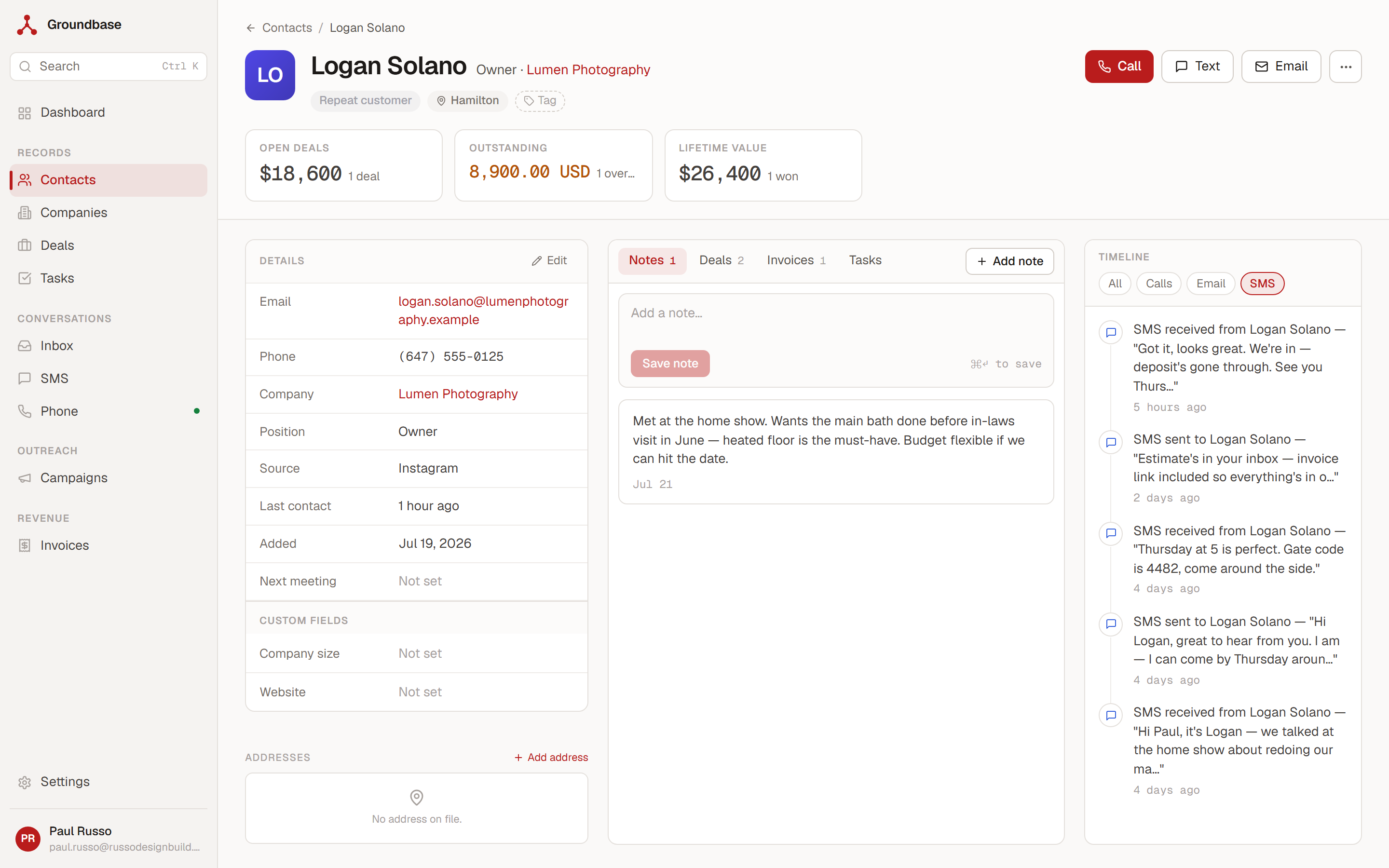 A contact record with the text thread, the open deal and the lifetime value on one screen